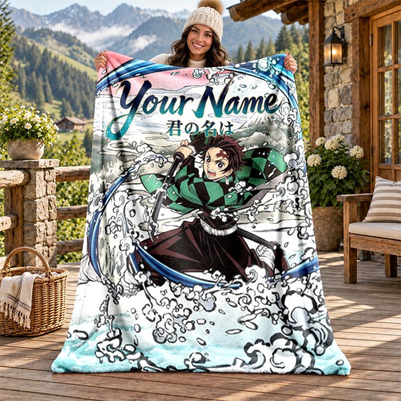 Akaza Demon Slayer Individueller Name Flanelldecke Personalisierte Weiche Warme Plüschdecke Maßgeschneidertes Geschenk für Familie Freunde