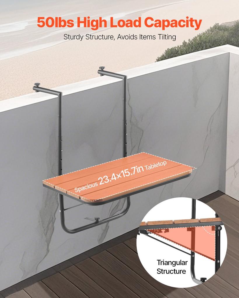 VEVOR Balcony Hanging Table, 25 X 24 In Folding Balcony Railing Table, Outdoor Balcony Bar Table for Railings, 4-Level Adjustable