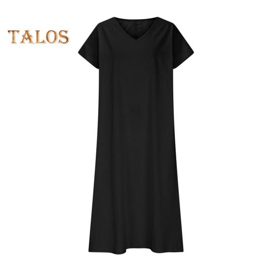 Damekjole i bomull og lin, avslappet, kortermet, v-hals, lang kjole, sommer, strand, ferie, swing, sommerkjole