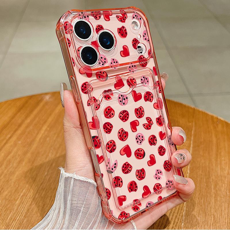 Clear Card Slot Phone Case For iPhone 17 18 Pro Max Romantic Rose Heart Print Card Holder Cover For iPhone 16 15 14 13 Pro Max 17E