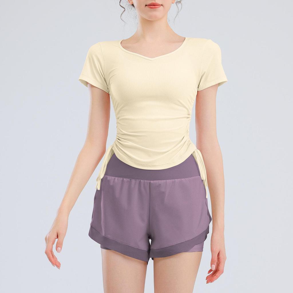 Women's V-Neck Short Sleeve Sports T-Shirt - Solid Color, Breathable, Slimming Fitness Top for Spring/Summer.