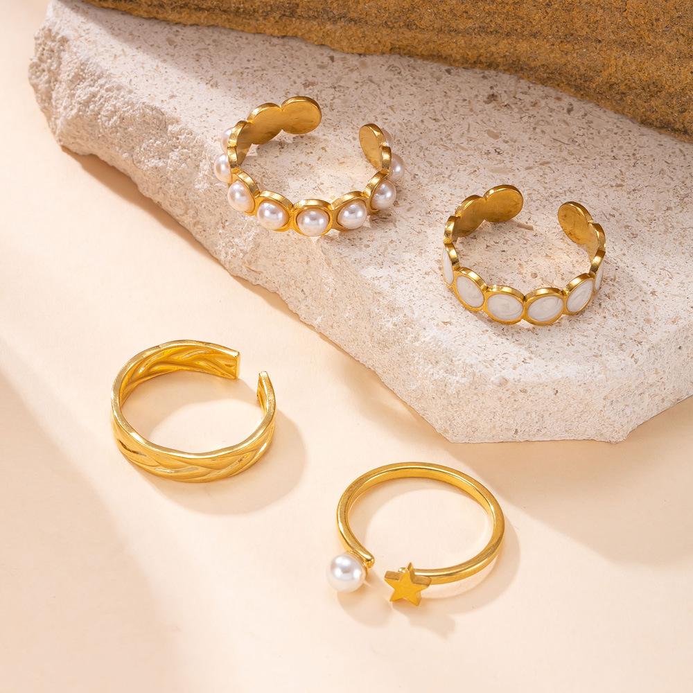 Stainless Steel Ring Hydraulic Oil Drop Pearl Open Ring Light Luxury Fashion 18k Gold Plated Titanium Steel Jewelry