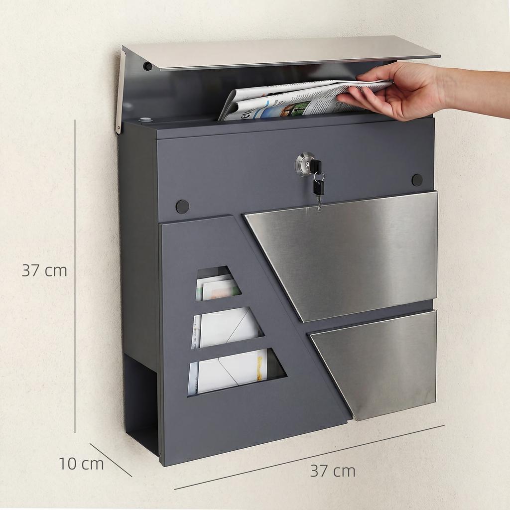 Mailbox Wall-Mounted Weatherproof with Newspaper Holder and 2 Keys for Exterior Wall, Dark Grey