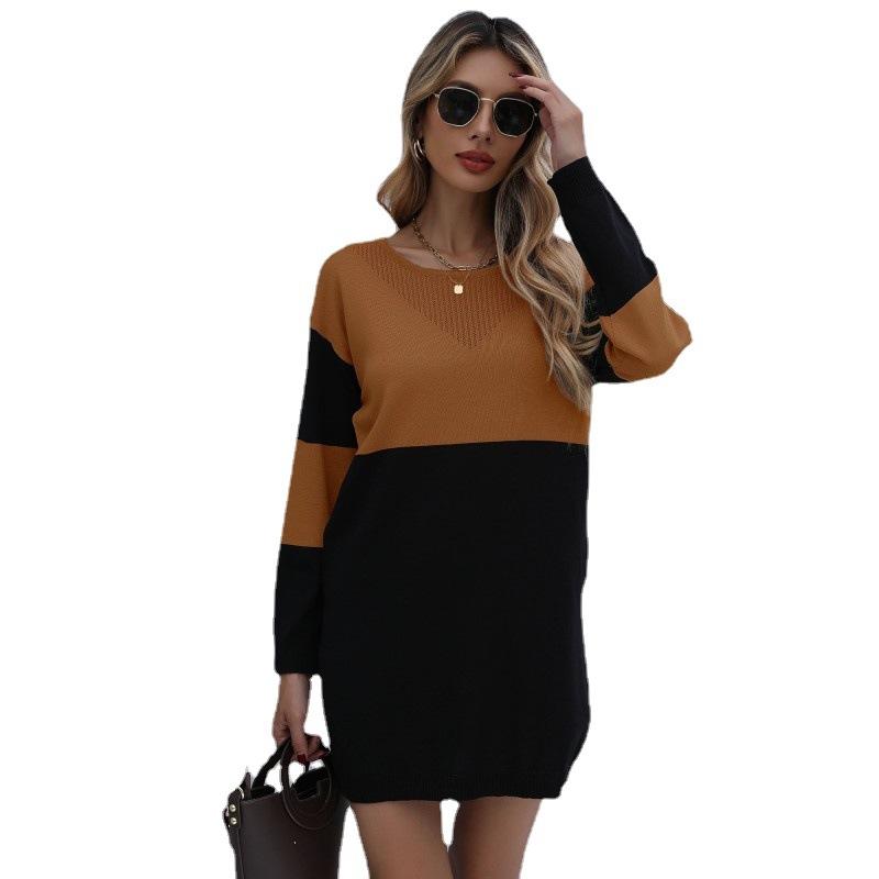 Women's Crew Neck Sweater, Color-Block for Fall and Winter