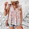 Floral Print V Neck Sleeveless Ruffled Casual Blouse
