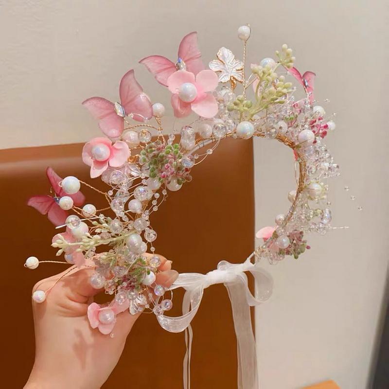 Sweet Butterfly Wreath Headband For Kid Children's Forest Style Hairbands Princess Flower Hair Band Flower Girl Headpiece