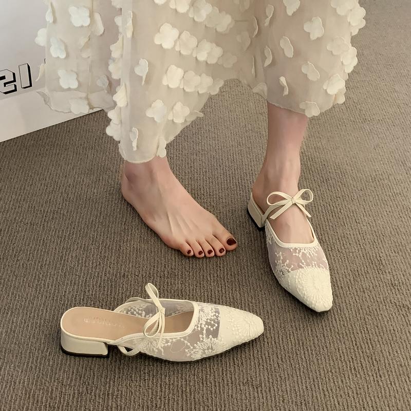 Fashion Shoes Woman 2025 Female Slippers Mules Sexy Butterfly-Knot Cover Toe Square Heel New Block Summer Slides Butterfly-knot Shoes Sq