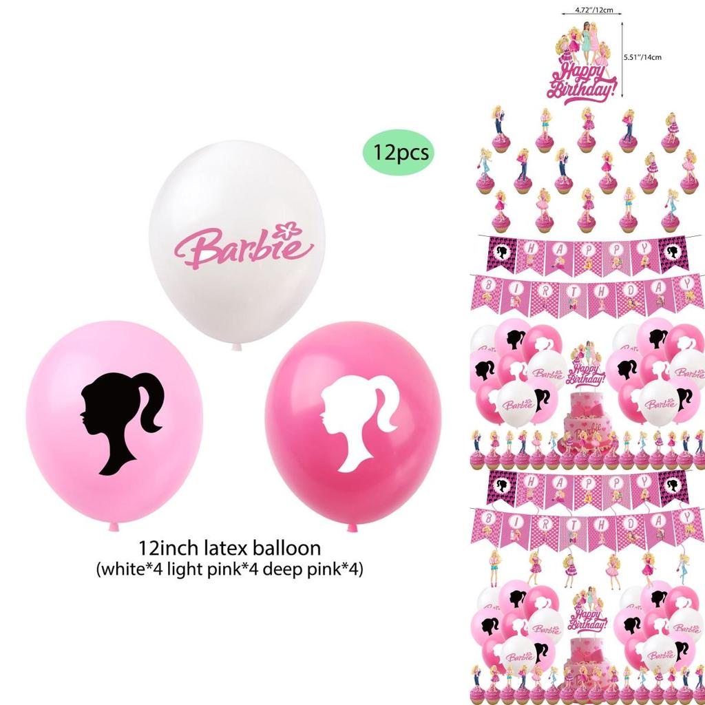 Barbie Doll Themed Purple Birthday Party Decoration Set With Cartoon Flags, Latex Balloons, And Cake Toppers