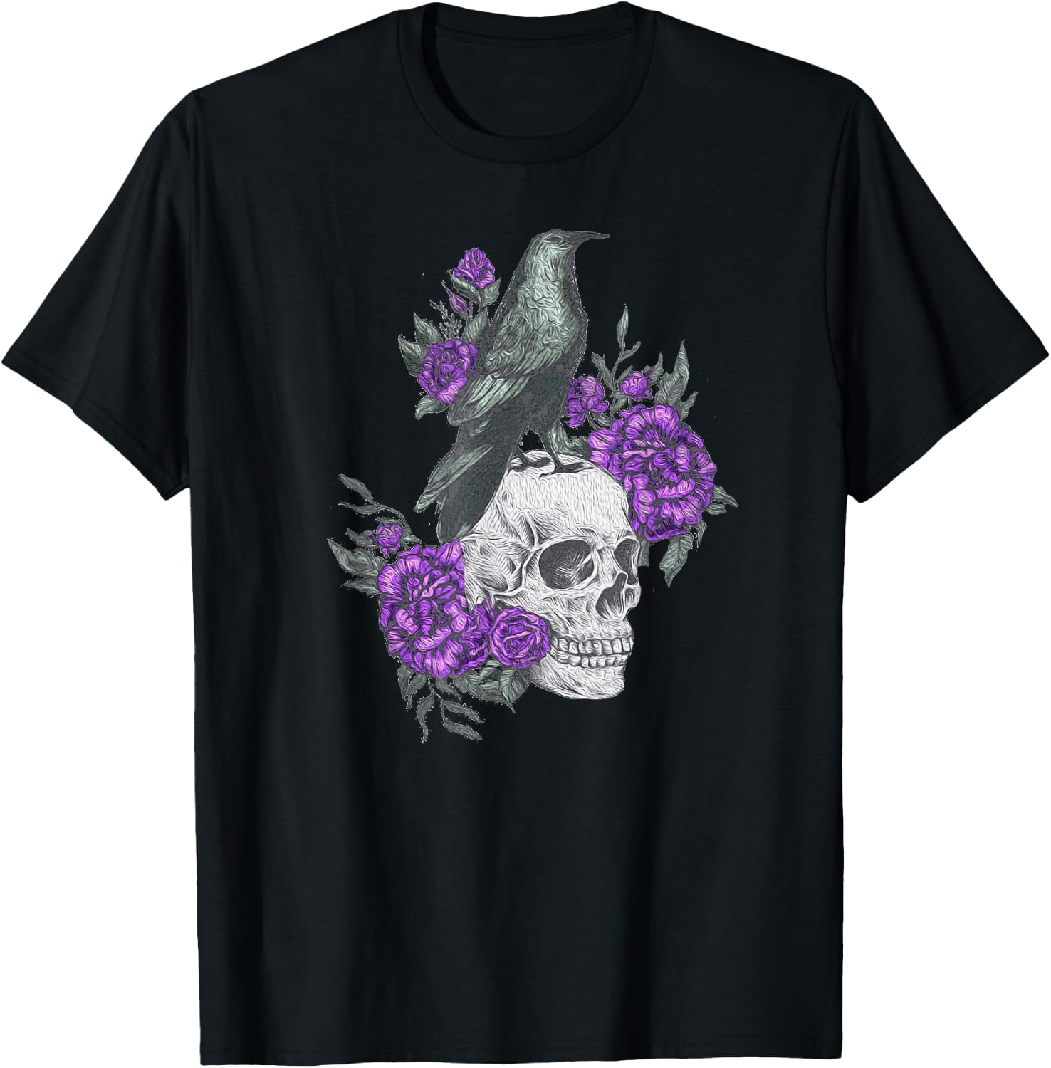Vintage Sugar Skull and Crow Purple Rose Day of the Dead T-Shirt M