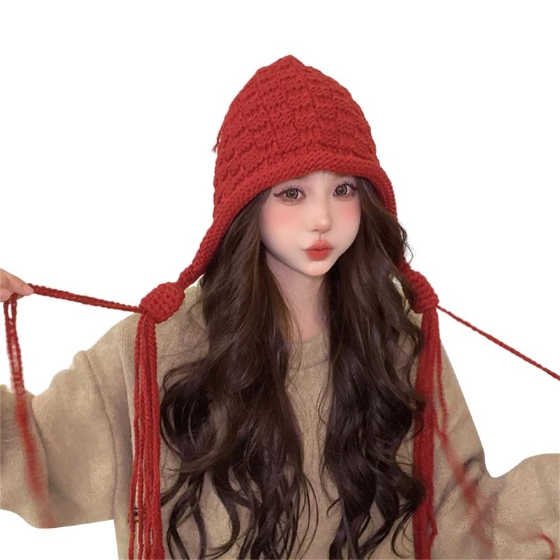 Handmade Fringed Braids Hat Y2K Sweet Girl Warm Beanie Hat InsStyle Bonnet Winter Autumn Skull Hat Pullover Earflap Hat