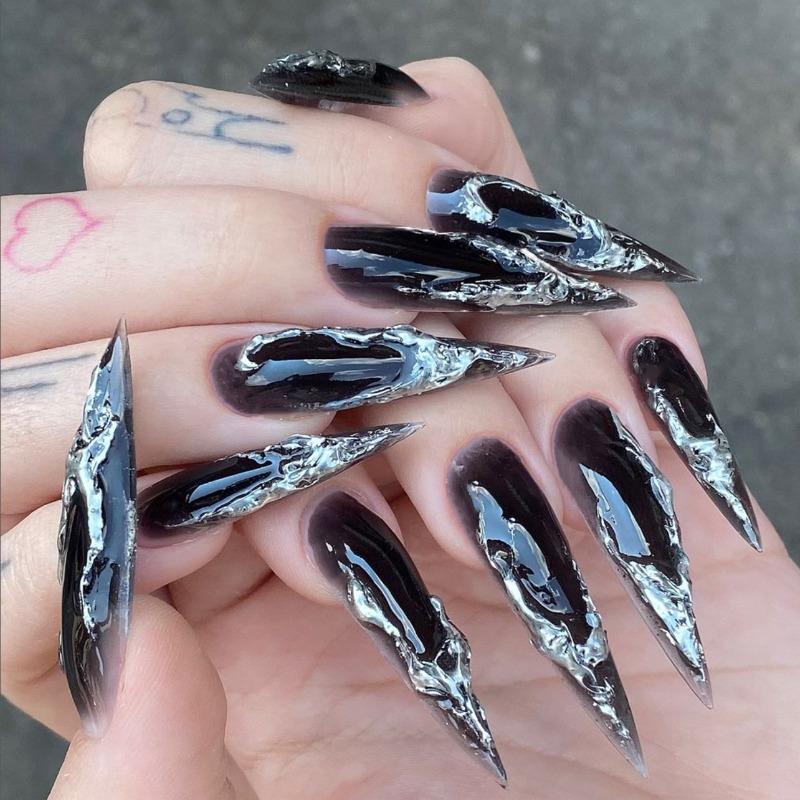 Dark Spice Girls European and American Popular Wearing Nail Long Long Pointed Manicure Fake Nail Hot Silver Wearing Fake Nail