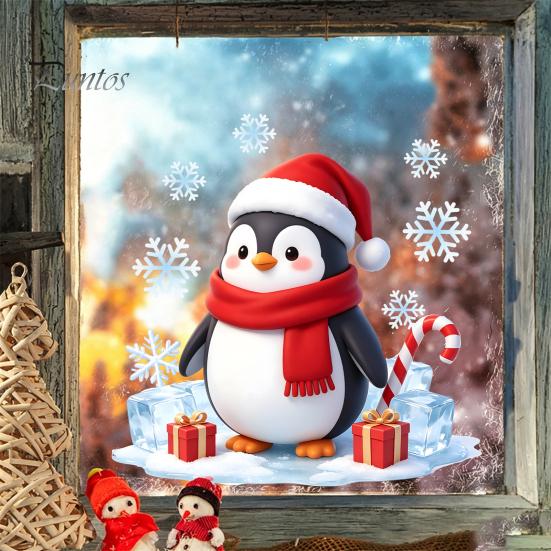 Holiday Party Glass Decor Christmas Cartoon Penguin Window Sticker, Cute Decal with Santa Hat And Winter Theme Supplies Scarf Design, PVC Waterproof