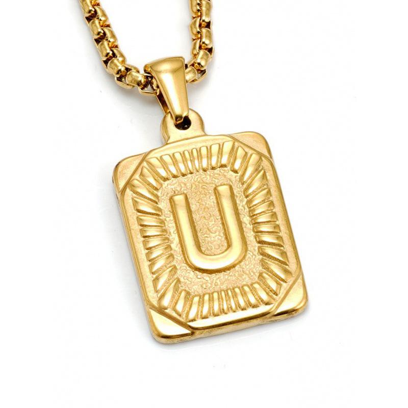 18K Gold Square Double-sided English Letter Pendant for Men, Titanium Steel Necklace
