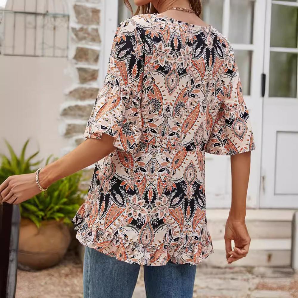 2025 Summer New European and American Shirt V-neck Printed T-shirt Casual Trumpet Sleeve Top