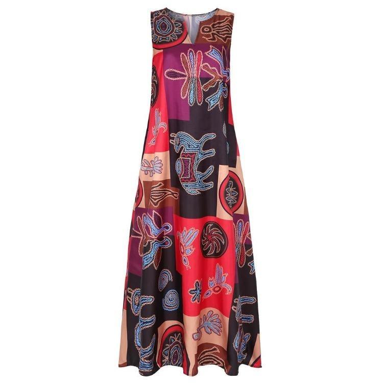 Plus Size Women Bohemian Vintage Floral Print Sleeveless Maxi Dress Casual Daily Wear V Neck