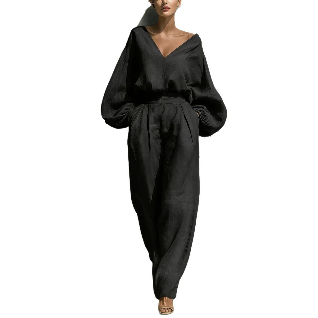 2026 Independent Station European and American Women's Shirt and Pants Two Long Sleeves Loose Fashion Neutral Style Retro Cotton and Linen Suit