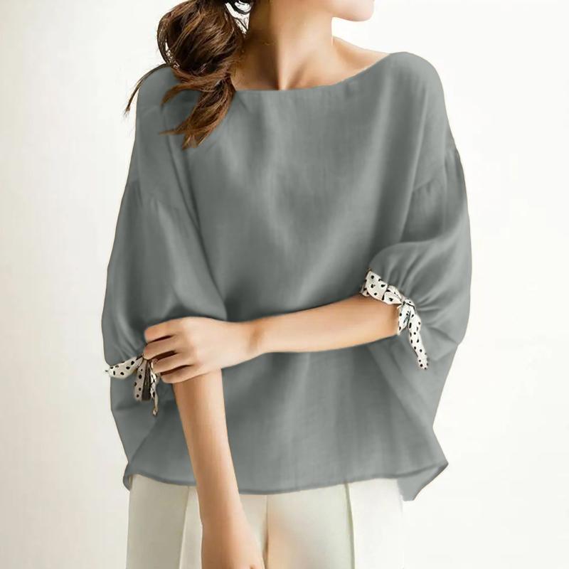 

ZANZEA Женская повседневная летняя блузка с круглым вырезом и рукавом 3/4 свободного кроя S серый