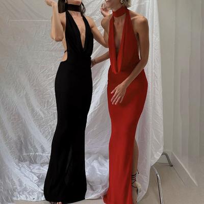 Women's Autumn and Winter New Temperament Sexy Halter Neck V-neck Backless Side Slit Dress