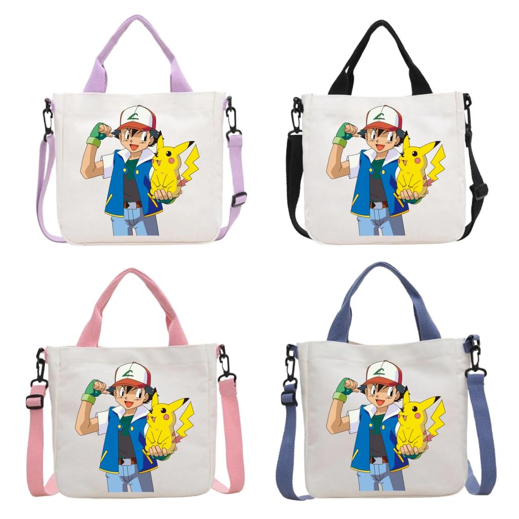 Pokemon Canvas Crossbody Bag Pikachu Cartoon Pattern Print Handbag Fashion Portable Large Capacity Travel Shopping Storage Kid Friendly Entertaining