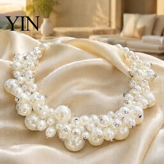 Chunky Faux Pearl Necklace 1 Set Jewelry, Beaded Choker And Square Neck Earrings, Metallic for Women Dinner Parties Wedding Off Shoulder
