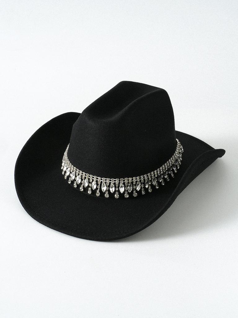 Hot-selling wide metal double-row rhinestones hand-sewn crystal pendant fringed chain top hat western cowboy hat felt hat
