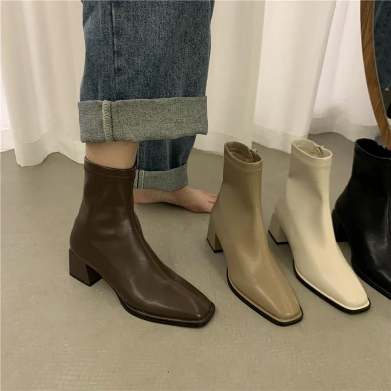 Štvorcová špička Dámske členkové čižmy Flock Stretch Topánky Tenké stredné podpätky Čierna/hnedá/béžová Zadný zips Šaty na zips Ponožkové čižmy Žena Veľkosť 35-40