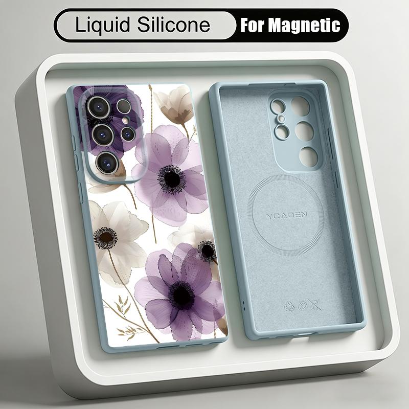 INS Watercolor Floral Case For Samsung Galaxy S26 S25 Ultra S24 Plus S23 S22 Ultra Magnetic For Magsafe Liquid Silicone Cover
