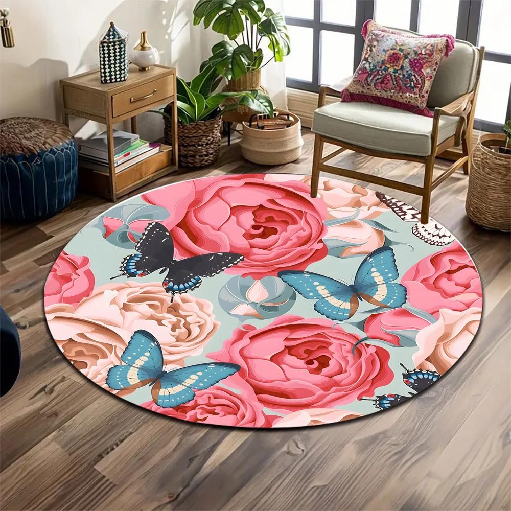 Butterflies and Pink Floral Pattern Print round rug, living room, bedroom, playroom carpet, non slip floor mat, gift