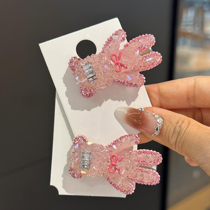 Korean Crystal Bear Hair Clip: Pink Diamond Duckbill for Women
