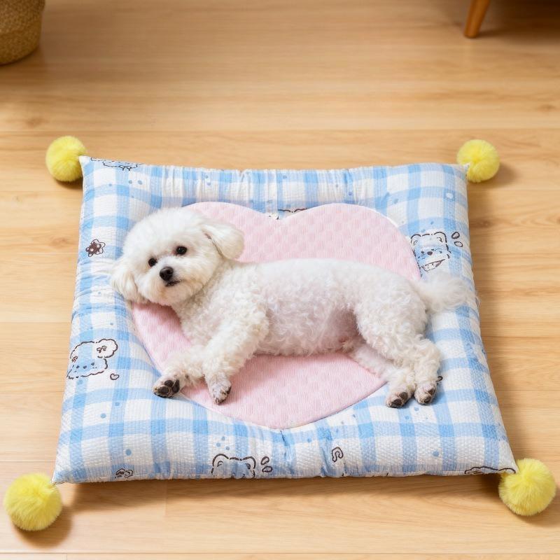 Square Pet Mat Four‑sided Bolster Cushion Plaid Pom‑pom Decor Soft Cooling Sleeping Pad for Small Dogs Cats