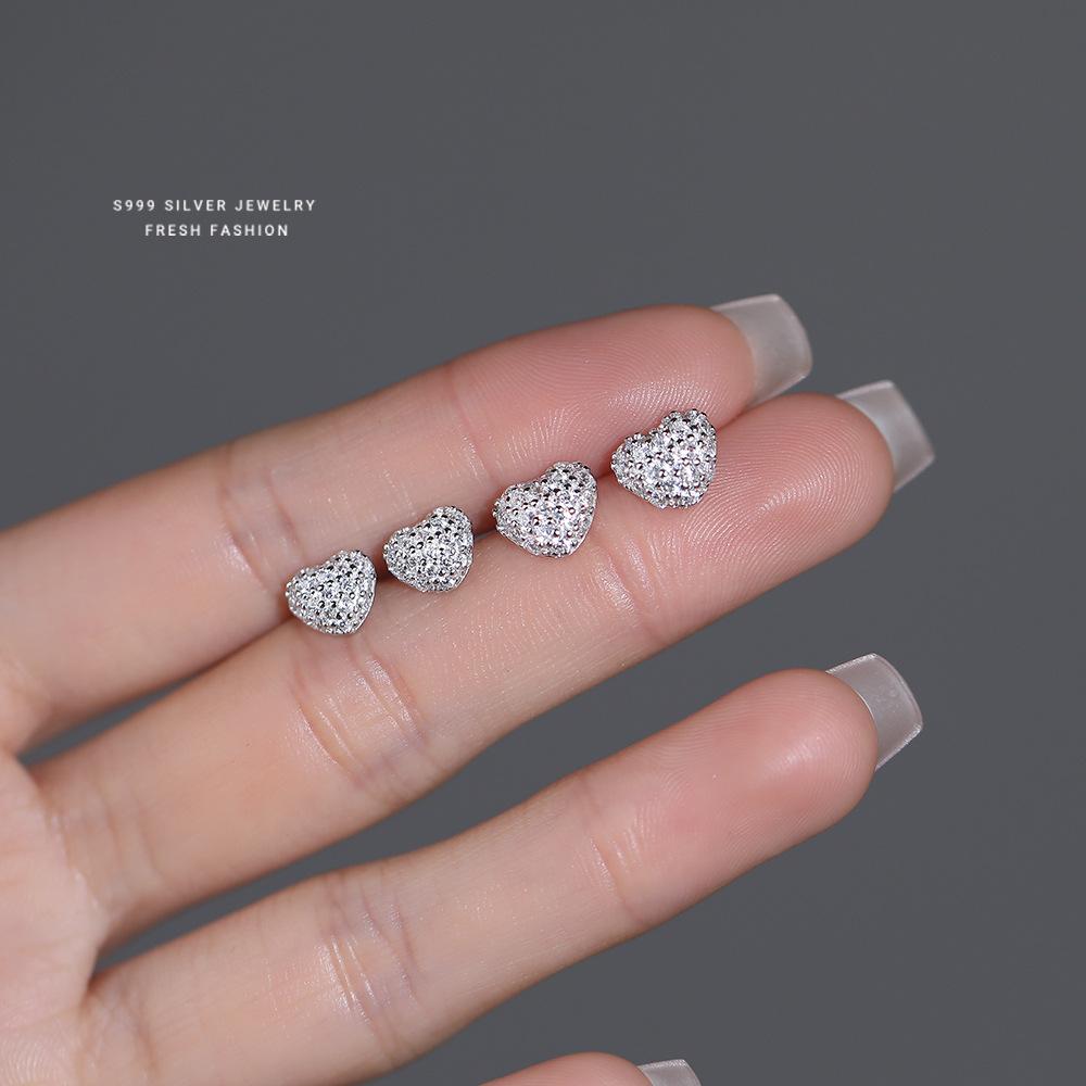 Women s 999 Sterling Silver Heart Earrings with Shiny Zircon Exquisite Wedding Party Jewelry 8mm