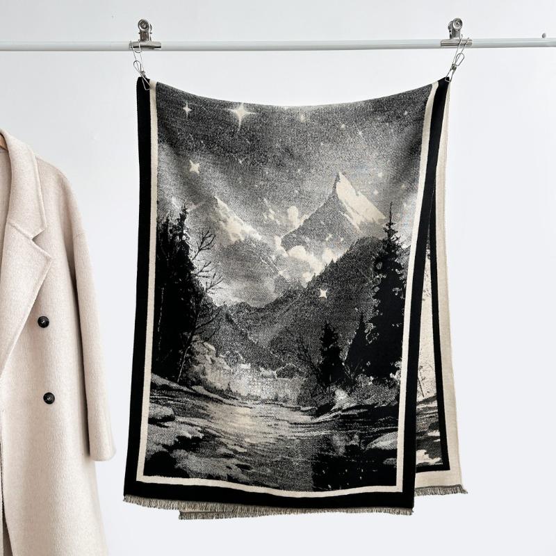 New autumn and winter retro landscape imitation cashmere scarf women's high-end temperament scarf shawl