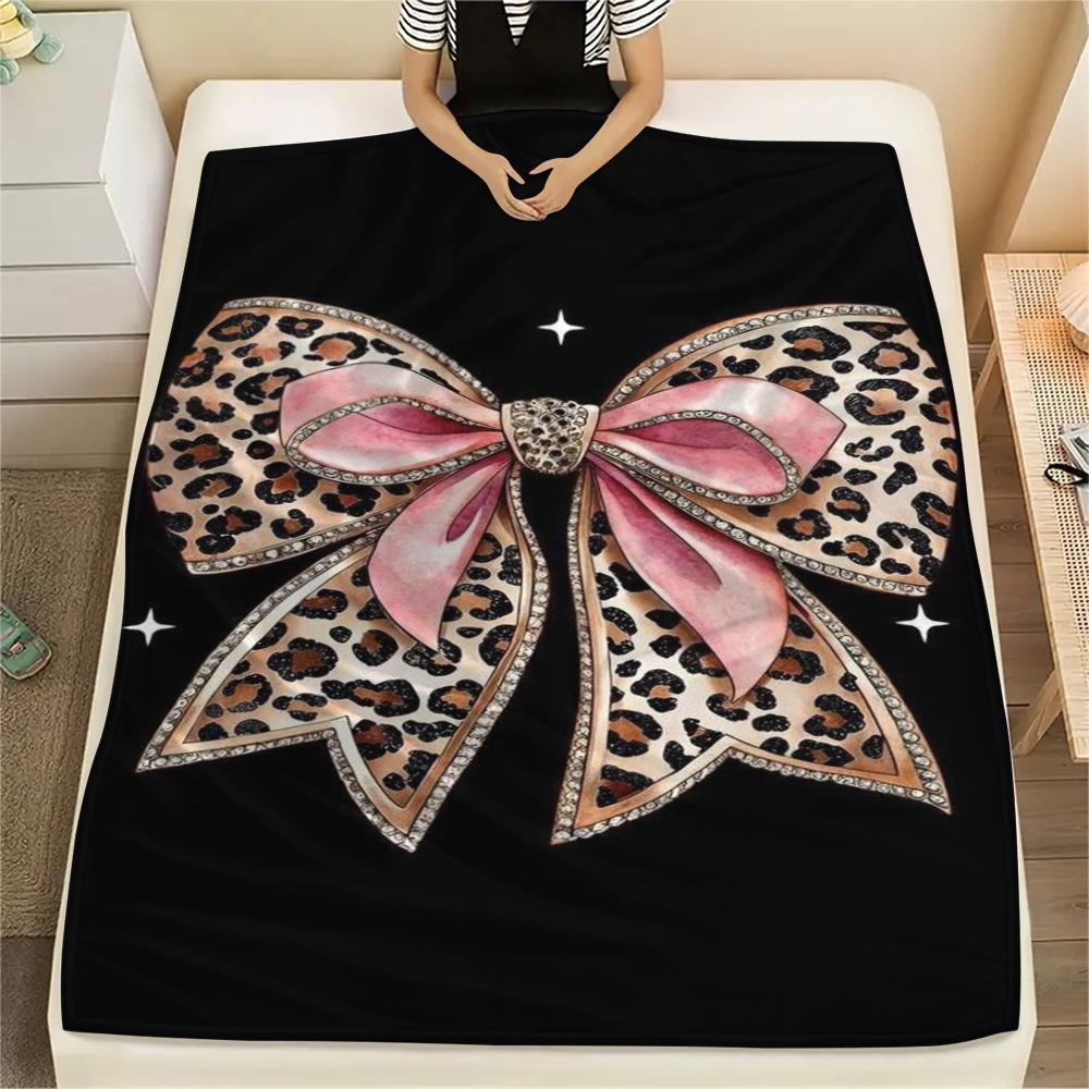 1Pc Leopard Bow Print Flannel Blanket, High quality Comfortable for All Seasons, Home Decor, Warmth and Comfort, Perfect for Gifts