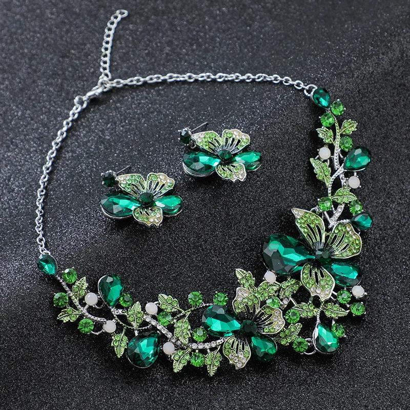 Multicolor Earrings with Matching Necklace Fashion Bauhinia Flowers Crystal Zircon Set Wedding Necklace Women Zircon