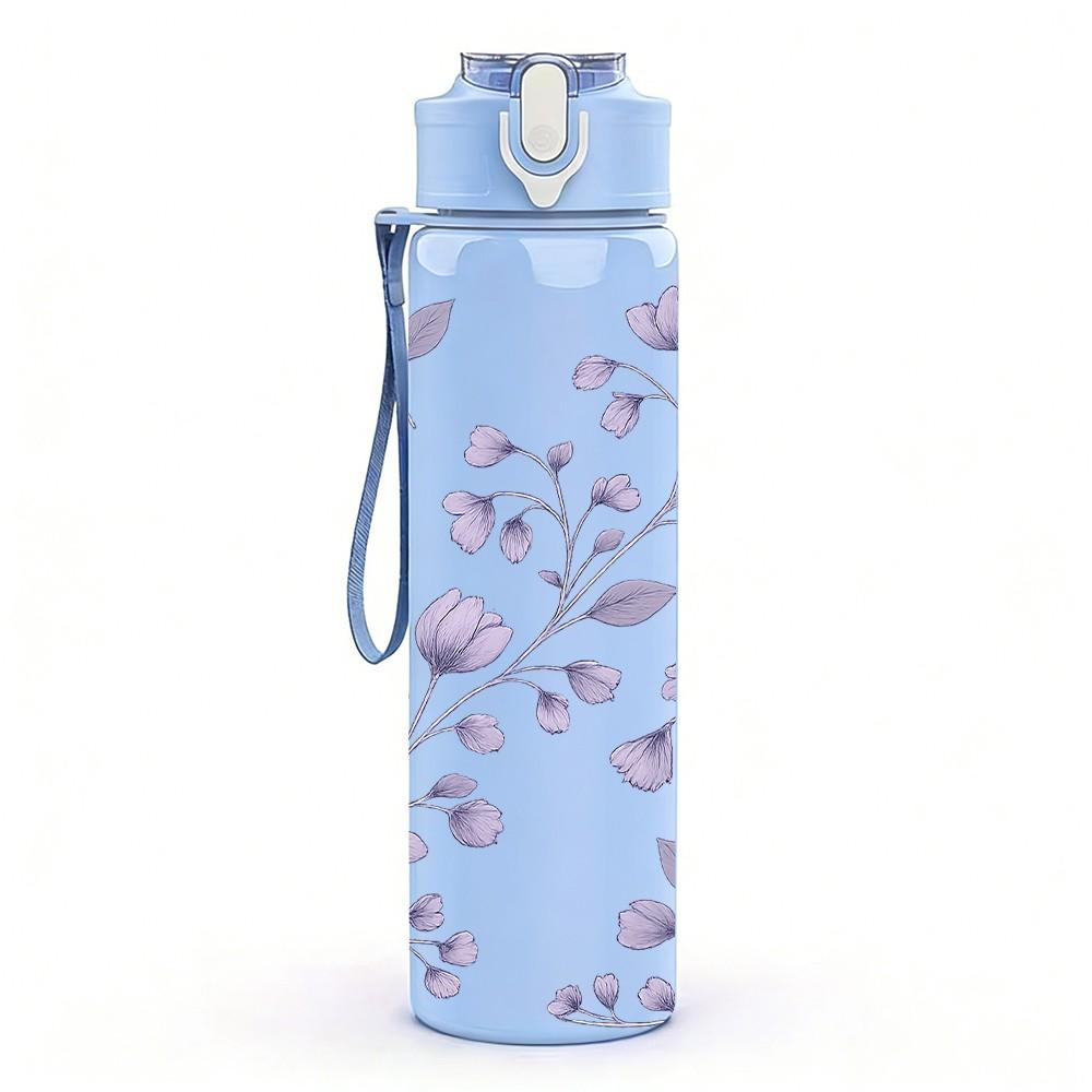 1PC Purple Lavender Leaf Line Art Print 750ml Color Plastic Sports Water Bottle Leakproof Flip Straw Lid Suitable for Sports Office Home Use