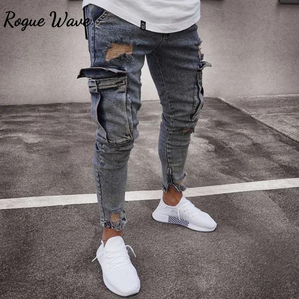 RogueWave Stretch Men's Jeans Fashion Knee Ripped Zipper Skinny Trousers Denim Pants High Waist Side Pockets