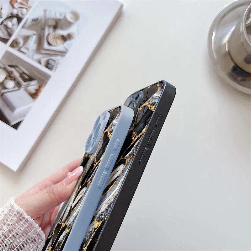 Tempered Glass Marble Stone Case For iPhone 11 Funda iPhone 16 17 16E 13 14 15 Pro Max 12 7 8 Plus SE 16promax 13promax Cover
