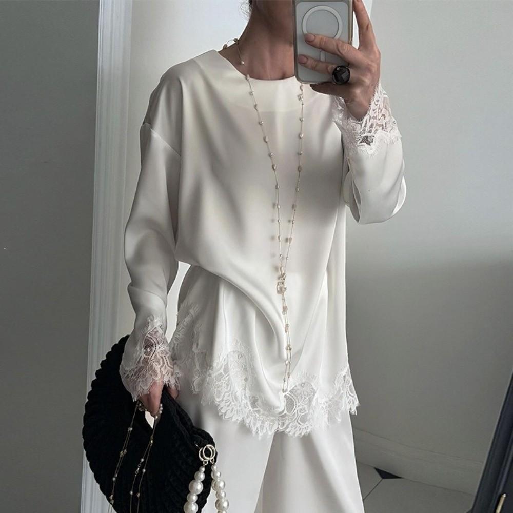 Lace Trim Long Sleeve T-shirt O-Neck Tunic Tops Fashion Beach Robe  Summer Wear
