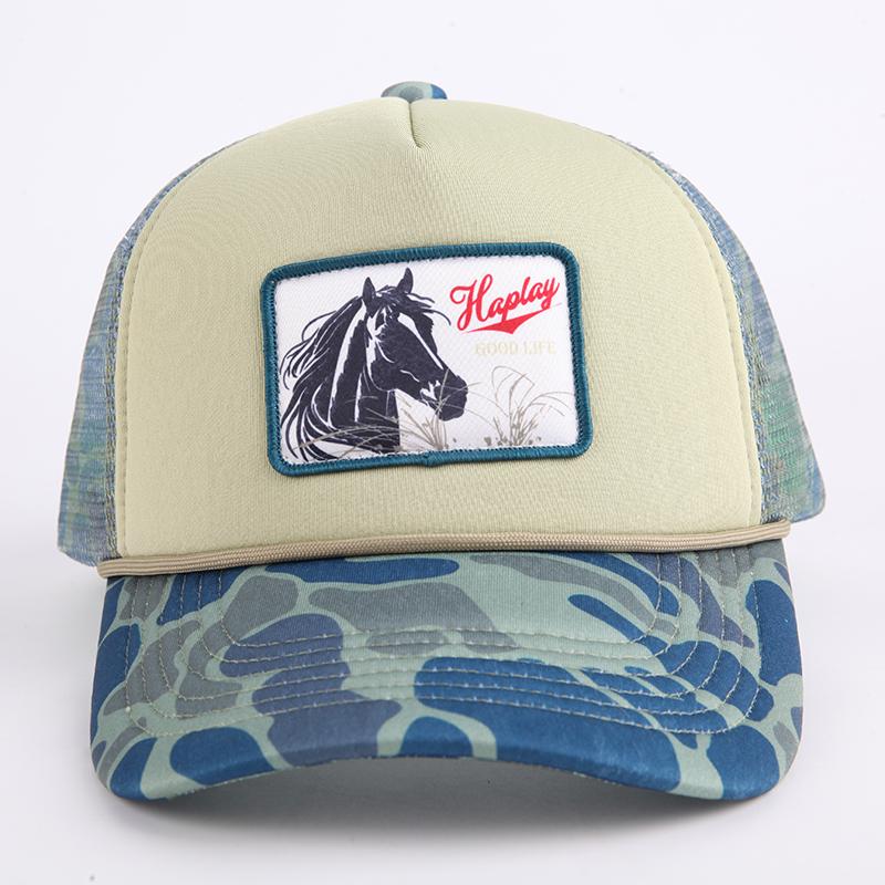 Trucker Hats With Logo Embroidery Printing 5 Panel Camo Trucker Cap  Pre-curved Brim Print Mesh Hat