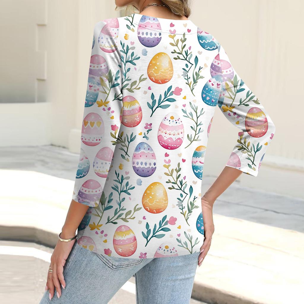 Women's Fashion Casual Print Button-down Shirt 3/4  Sleeve Tops