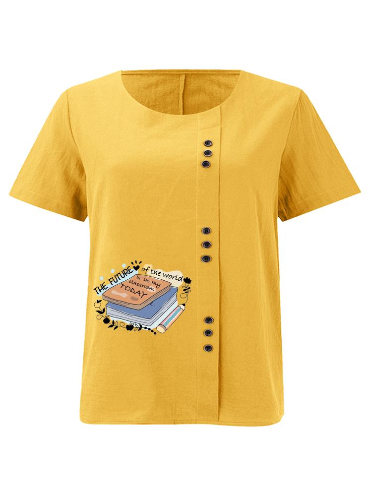 Women's Fashion Book Letter Pattern Print Round Neck Short Sleeve T-shirt Casual Cotton Linen Graphic Shirt Leisure Loose Summer Blouse Tops
