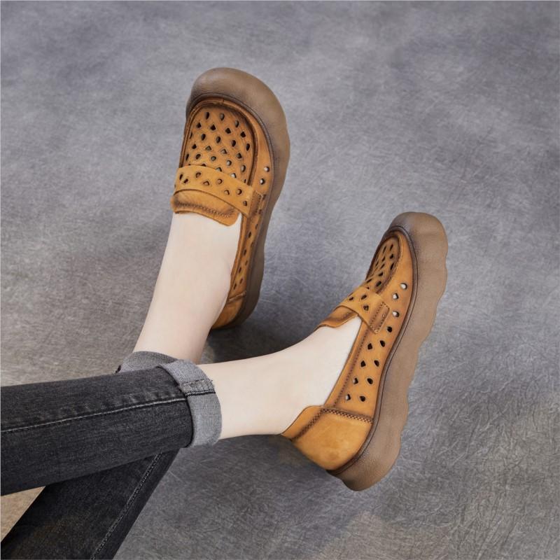 Johnature Soft Soled Slip-on Genuine Leather Loafers Comfortable Hollow-out Breathable Women's Flat Shoes
