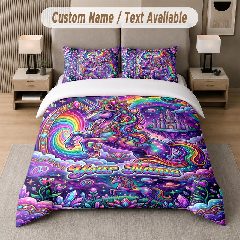 Unicorn Theme Custom Text Or Name 3Pcs Bedding Set 1 Flat Sheet & 2 Pillowcases Personalized Home Bedding