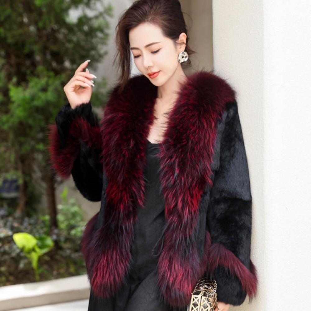 Fur Mid-length Whole Leather Rabbit Fur Coat White Goose Down Lining Raccoon Fur Collar New Autumn and Winter Coat