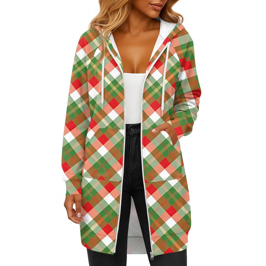 Women's Fashionable Christmas Printed Long Sleeved Drawstring Hooded Zipper Pocket Long Casual Sweatshirt Jacket