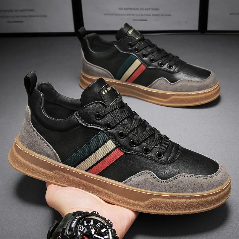 

Новые мужские туфли из натуральной кожи, повседневные туфли, трендовые полосатые туфли для скейтбординга на плоской подошве, молодежные уличные кроссовки 44 чёрный