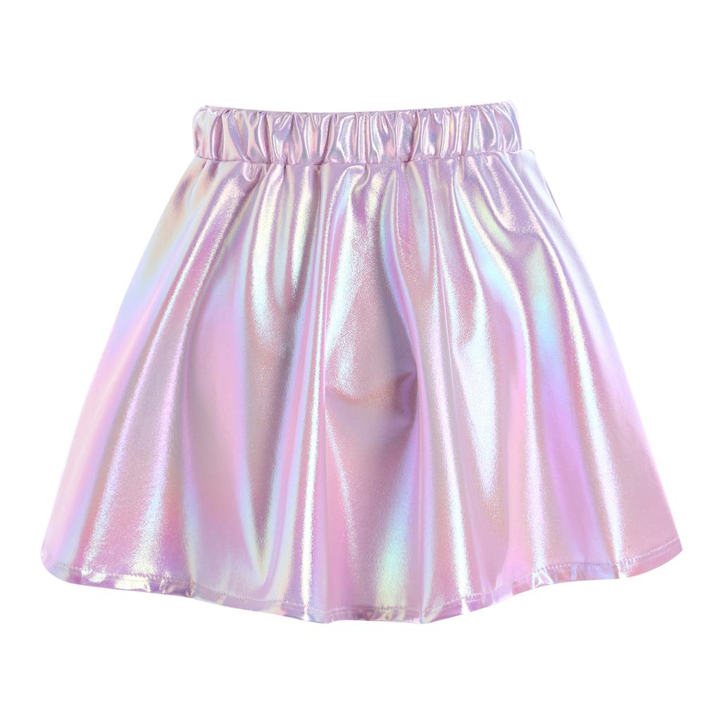 Girls Metallic Shiny Dance Skirt Elastic Waist A Line Miniskirt for Cheerleading Stage Performance