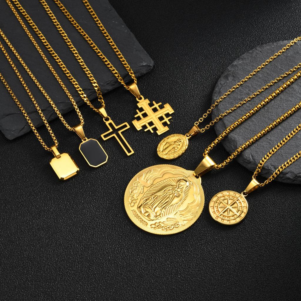 Men's Stylish Gold Color Necklace, Stainless Steel Geometric Cross Pendant Necklace, Vintage Fashion Jewelry Gift To Father