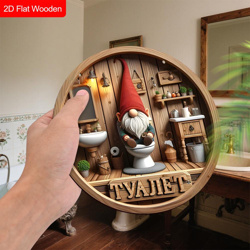 Lodge Style Russian Wooden Bathroom Sign with Gnome Pattern - Rustic Decorative Plaque with Toilet Themed - Ideal Hanging Ornament for Toilet Decor