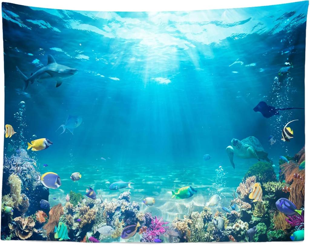 Underwater World Tapestry Blue Ocean Wall Hanging Under The Sea Coral Reef Wall Tapestry Tropical Fish Tank Undersea Tapestries